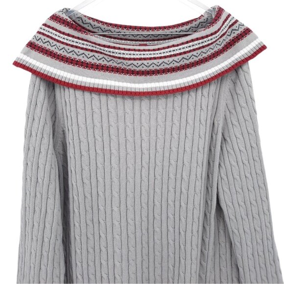 VTG 90s Gitano Gray Fair Isle Foldover Off Shoulder Cable Knit Sweater 26/28 - Picture 4 of 8